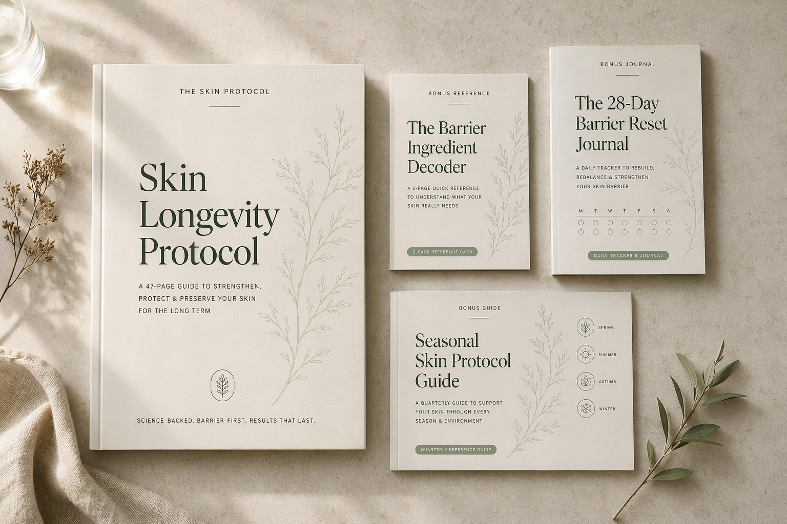 The Skin Protocol complete bundle — Skin Longevity Protocol, Barrier Ingredient Decoder, 28-Day Barrier Reset Journal, and Seasonal Skin Protocol Guide