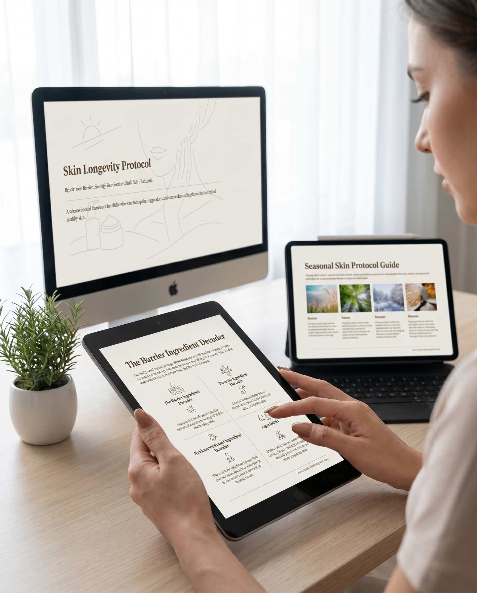Reading the Skin Longevity Protocol on desktop and tablet — Barrier Ingredient Decoder and Seasonal Skin Protocol Guide in use
